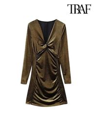 Casual Dresses -Women's Velvet Mini Dress V-Neck Long Sleeve Gathered Female Fashion