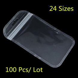 Bags 100PCS/ Lot Clear Plastic Zipper Bags For Electronic Accessories Storage Zip Lock Resealable Poly Grocery Package Bag Hang Hole