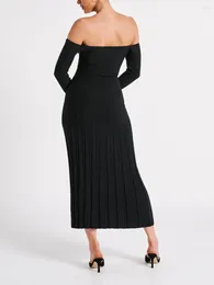 Casual Dresses Women Elegant Off Shoulder Knit Maxi Dress Long Sleeve Backless Pleated Jacquard Hem Bodycon Party