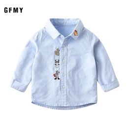 T-shirts Gfmy Boys Shirts 2021 Autumn New Cotton Long Sleeved Casual Shirt Baby Boys Cartoon Dinosaur Embroidery Shirt Childrens Clothing