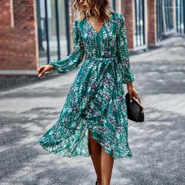 Casual Dresses Pint Elegant Dress 2024 Spring And Summer Bohemian Skirt Long Sleeve V-neck Waist Printed Female