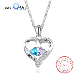 Necklaces JewelOra Personalised 925 Sterling Silver Name Necklace with 2 Birthstones Custom Engraved Heart Pendant Necklace Mothers Gift