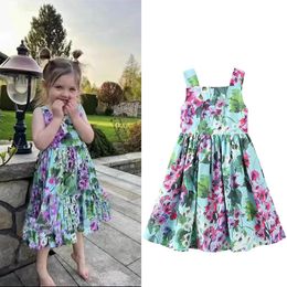 Summer Girls Summer Dress Princess Costume Flower Printed Sleeveless Vest Kids Dresses Baby Girl Clothes Toddler Dress 2-10Y 240511