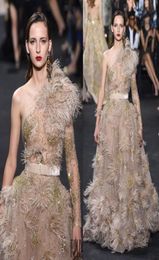 Luxury Feather Elie Saab 2019 Evening Dresses One Shoulder Long Sleeve Crystal Prom Party Gowns Sweep Train A Line Red Carpet Dres1470546