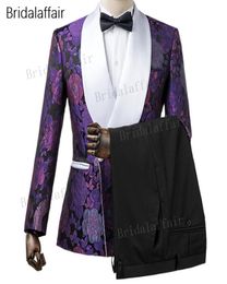 Gwenhwyfar Custom Made Groom Tuxedos Slim Fit Purple Floral Printed Men Suit Set For Wedding Prom Mens Suits 2Pcs JacketBlack Pa4984624