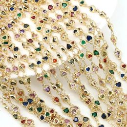 Strands 3 Meters,Gold plated colorful Clear Crystal Zircon Heart Link Chains Necklace Bracelet Chains Diy Jewelry Making Findings