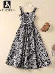 Casual Dresses AELESEEN Runway Fashion Long Dress Women Spaghetti Strap Square Collar Vintage Flower Print Jacquard Belt Black Beige Elegant