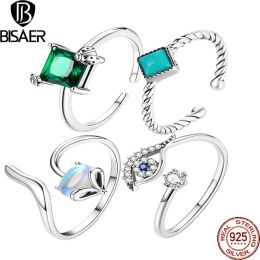 Rings BISAER Open Ring 925 Sterling Silver Moonstone Fox Demon Eye Green Square zircon Turquoise Rings Adjustable Wedding Fine Jewellery