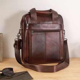 mens handbag 100% genuine leather shoulder crossbody bag vertical briefcase business trip messenger bag for 13.3-inch iPad 240419