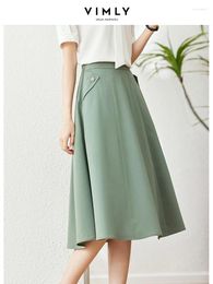 Skirts Vimly Elegant A Line Flared For Women Office Lady 2024 Fashion Casual Solid Green Elastic Waist Summer Clothing
