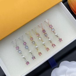 Elegant Drop Earrings Luxury Designers Pink Crystal Pearl Tassel Dangle Letter Charm Earrings 18K Gold 925 Silver Plated Ear Stud Rhinestone Women Wedding Jewelry