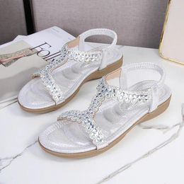 Sandals Summer Women 1.5cm Platform 3cm Wedges Low Heels Lady Sparkly Comfortable Sequin Casual Plus Size Bling Beach