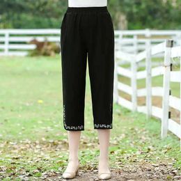 Women's Pants Capris 2024 Summer Fashion Simple Versatile High Waist Embroiled Oblique Insert Pocket Solid Color Loose Casual Capris for Women Y240422