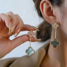 Designer Brand Fashion Van High Version Gold Thick Plated 18K Rose Clover Grey Full Diamond Beimu Ear Beat Female Hanging Earrings Jewelry