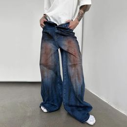 Mens autumn y2k distressed tie-dye wide-leg jeans genderless street hip-hop personality fashion trend loose casual jeans unisex 240410