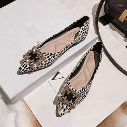 Casual Shoes Square Crystal Buckle Ballet Flats Women Leopard Single Pointed Toe Rhinestone Flower OL Woman Slip On Loafer Size43