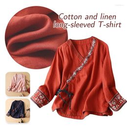 Ethnic Clothing Chinese Style Women Summer Blouse Literary Retro Cardigan Cotton Linen Embroidered V-Neck Shirt Oriental Hanfu Tops