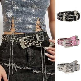 Waist Chain Belts New Water Diamond Belt Womens Instagram Style Wide Belt Needle Button Decorative Sequin Jeans Belt Versatile Womens Belt Y240422