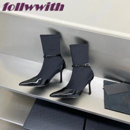 Boots Black Haute Couture Ladies Pointed Toe High Mid Tube Elastic Stiletto Heel Fashion Patent Leather Stitching Shoes