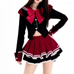 Work Dresses Japanese Preppy Style Lolita Two Piece Set Women Sweet Bow Sailor Collar Short Tops JK Mini Skirt Suit Female Gothic Y2k