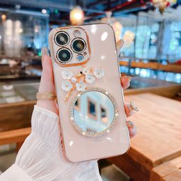 Plum Flower Makeup Mirror Case For iPhone 15 14 Pro Max 13 Plus 12 Mini 11 Plus XS Fashion Rhinestone Mirror 3D Back Cover