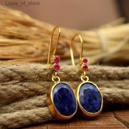 Dangle Chandelier Ethnic Round Blue Zircon Earrings for Women Vintage Gold Color Red Stone Metal Geometry Jewelry H240423