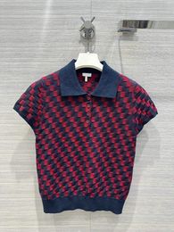 Women's T Shirts Women Clothes Summer 2024 Fashion Red Polo Top Casual Knitted Plaid Tee For Ladies