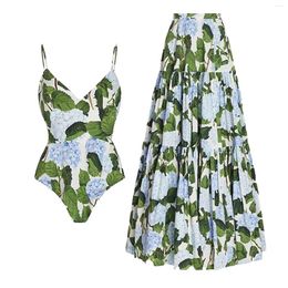 Women's Swimwear Sexy Swimsuit Women V Neck One Piece Set And Beach Skirt Floral Printed Tankini 2024 Bathing Suit Swimming Monokini