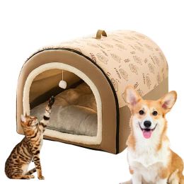 Mats Dog Cave 2 in 1 Detachable Covered Cat Bed with Ball Pendant Cat Hideaway House Warm Washable Cosy Dog Beds for Large Dogs