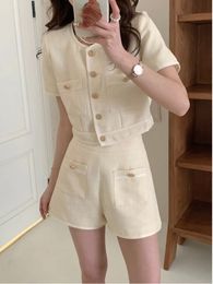 Summer Small Fragrant Tweed Two Piece Set Women Outfits Korean Style Jacket High Waist Shorts Retro Feminine Casual Suits 240419