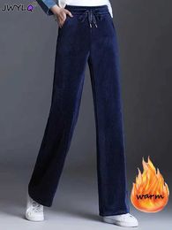 Jeans femminile inverno caldo più velluto pantaloni gamba larghe donne eleganti eleganti elastici ad alta vita larghi alla moda oversize oversize addensare pantaloni dritti y240422