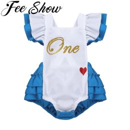 One-Pieces Infant Baby Girls 1st Birthday Outfit Flutter Sleeve Ruffles Romper Princess Tutu Dress Shiny ONE Cake Smash Photo Shoot Clothes