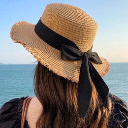 Wide Brim Hats Women Fashion Straw Hat With Bow Ribbon Summer Anti-UV Sunshade Visors Seaside Vacation Beach Cap Flat Top Streamer Bows Sun