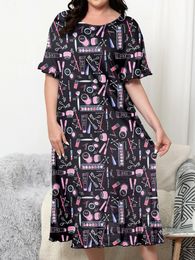 Plus size dress knee length cartoon style for home and casual wear can be worn externally 15XL 2024 dre 240412