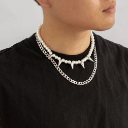 Necklaces Imitation Pearl Beads Chain with Spikes Short Choker Necklace Men Hip Hop Thick Stainless Steel Necklace 2023 Fashion Jewelry