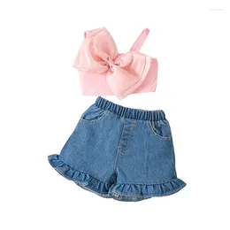 Clothing Sets Kids Girls Summer Shorts Sleeveless Bow Camisole Tops With Ruffle Denim Short Jeans Outfits Clothes