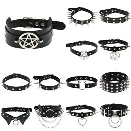 Necklaces 2022 Black Necklace Vintage Charm Gothic Spike Rivet Collar Pendant Leather Pentagram Harajuku Women Punk Choker Necklace