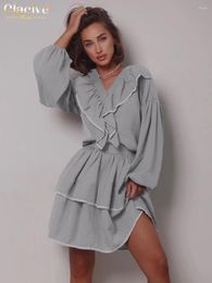 Work Dresses Clacive Casual Loose Gray 2 Piece Sets Women Outfit 2024 Fashion Long Sleeve Shirt With High Waist Ruffle Mini Skirts Set