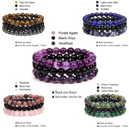 Strands 8mm Natural Stone Bracelet 3Pcs 1Set Rhodonite Rose Pink Quartzs Amethysts Hematite Bracelets For Women Men Jewelry