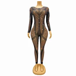 Sahne Giyim Siyah Rhinestones Mesh Şeffaf Taytlar Seksi Tasarım Akşam Birlikte Bodysuit Performans Tulum Kıyafet Heicha