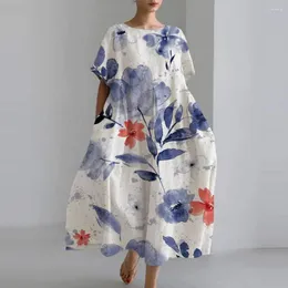 Party Dresses Chic Casual Lady Short Sleeve Big Swing Loose Maxi Dress Retro Women Flower Print Pocket O Neck Elegant Robe