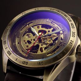 Kits SHENHUA Watches Men Retro Bronze Case Wristwatch Male Automatic Mechanical Skeleton Watch Leather Sport Watch Relogio Masculino