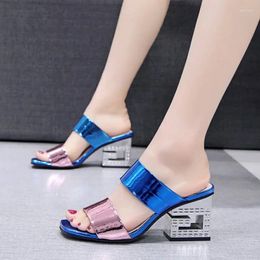 Slippers Women Fashion Patent Leather Sandals 2024 Summer Thick High Heels Woman Outdoor Solid Colour Slip On Beach Flip Flops