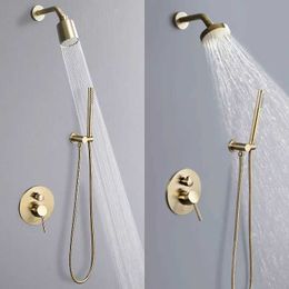 Bathroom Shower Sets Gold wall mounted shower faucet set 2-way rain shower handheld shower cold and hot mixer faucet bathroom brush gold shower kit T240422