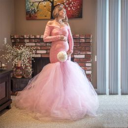 Dresses Pink Bodycon Baby Shower Dress Stretchy Lace Tulle Maternity Photo Shooting Maxi Dress Floor Length