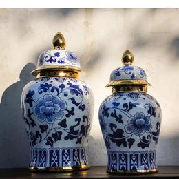 Storage Bottles Gold Plated General Jar With Lids Blue And White Porcelain Jars Cosmetic Containers Artificial Flower Decorative Vase