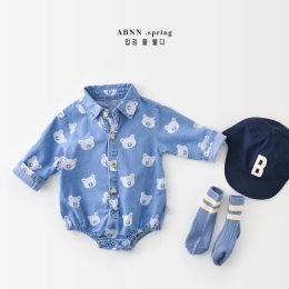 One-Pieces 2022 New Spring Autumn Newborn Boys Girls Cowboy Cute Cartoon Bear Jumpsuits Clothes Infant Long Sleeve Bodysuit Toddler Outfits