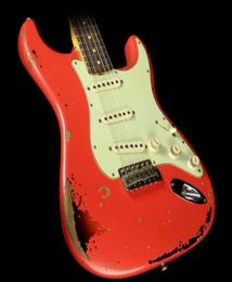 Custom Shop Handmade Michael Landau Signature 1963 Heavy Relic ST Electric Guitar Fiesta Red over 3Tone Sunburst Alder Body Maple8448044