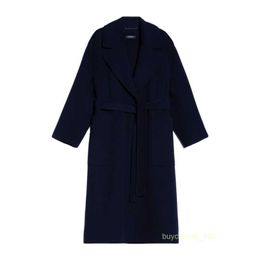 Women's Coat Cashmere Coat Luxury Coat Maxmaras Womens Pure Wool Fabric Large Flip Collar Patch Bag Bundle Belt Coat