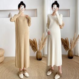 Dresses High Quality Long Maternity Sweater Dress Autumn Winter New Fashion Striped Warm Knitted Dress For Pregnancy Clothes Plus Size